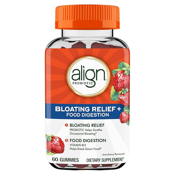 ALIGN PROBIOTIC, BLOATING RELIEF + FOOD DIGESTION, PROBIOTICS FOR WOMEN AND MEN, PROBIOTIC HELPS SOOTHE OCCASIONAL BLOATING*, WITH VITAMIN B12 TO HELP BREAK DOWN FOOD INTO CELLULAR ENERGY*,60 GUMMIES