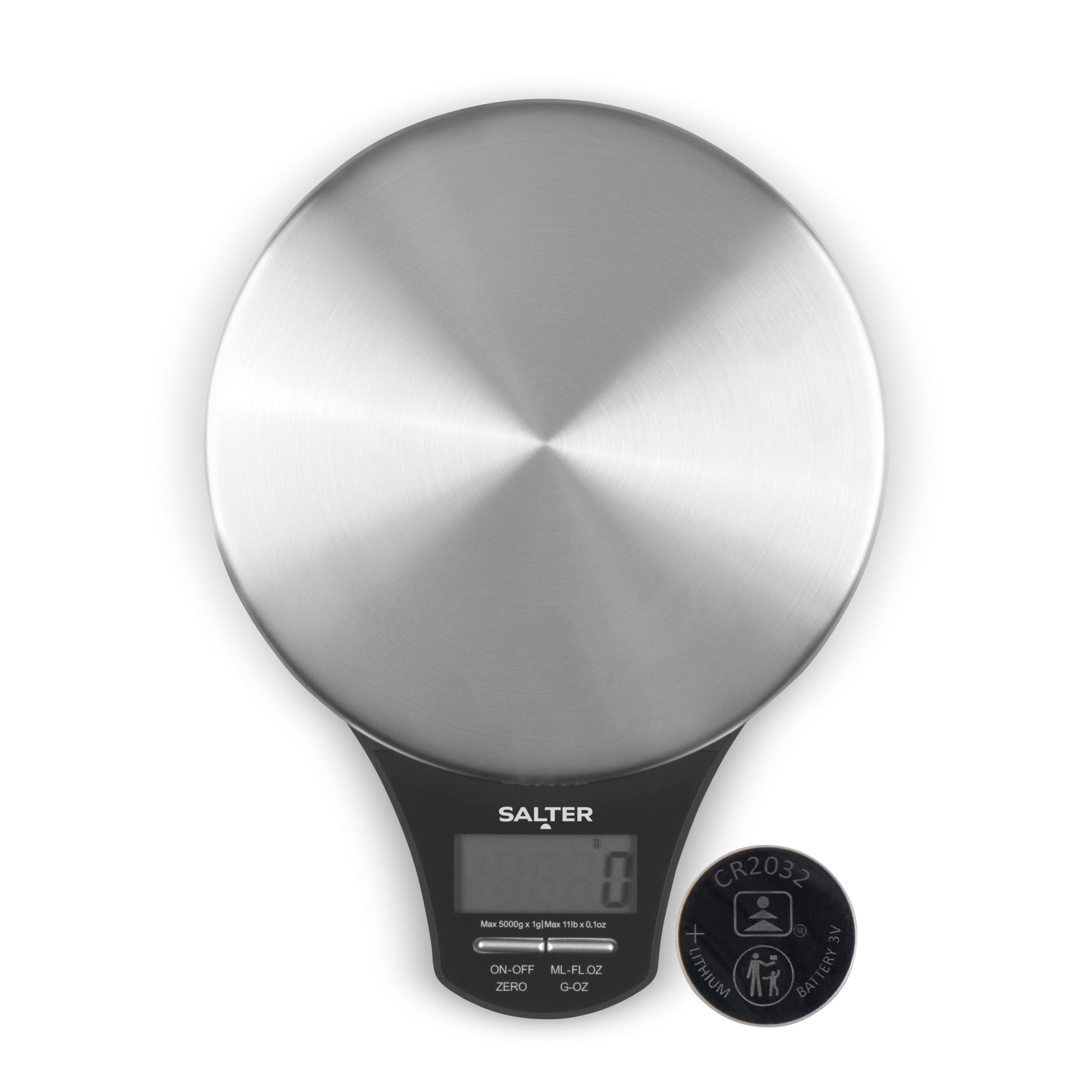 Salter Digital Kitchen Scale – Food Scales, Kitchen Weighing Scales, 5kg Capacity, Stainless Steel Platform, Measure Liquids, Add & Weigh, Tare/Zero Function, 1 x CR2032 Battery Included, 1035 SSBKDR