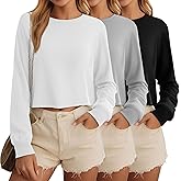 Ficerd 3 Pack Cotton Cropped Long Sleeve Tops for Women Loose Fit Crew Neck Drop Shoulder Crop T Shirts Basic Tee