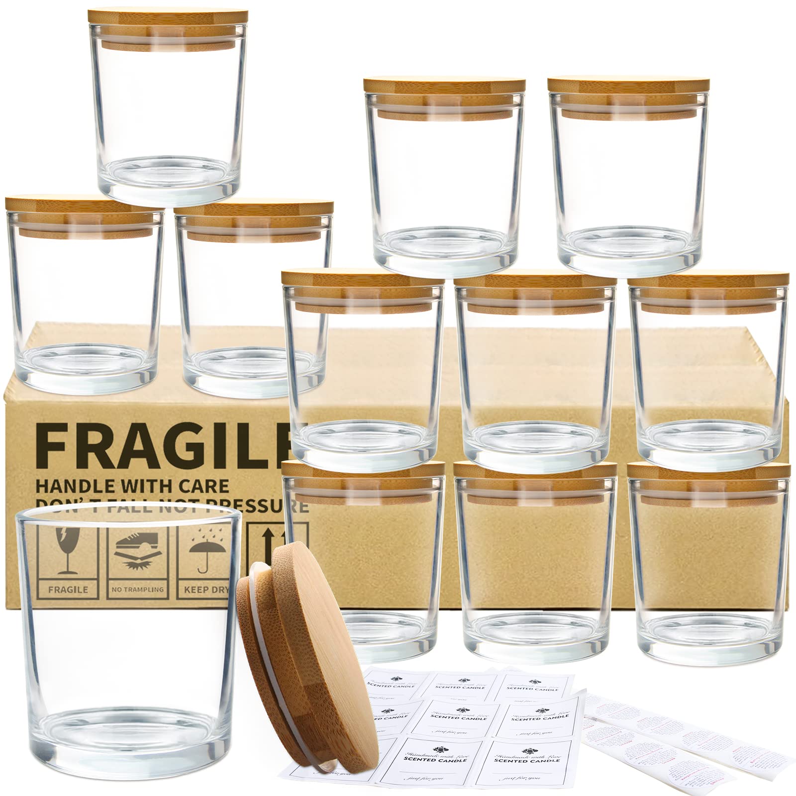 CONNOO 12Pack 10 OZ Clear Glass Candle Jars with Bamboo Lids for Making ...