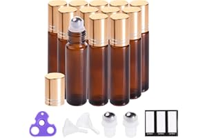 PrettyCare Essential Oil Roller Bottles (10ml Amber Glass, 12 Pack) With 2 Extra Roller Balls, 24 Labels, Opener, 2 Funnels