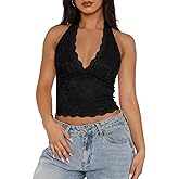 REORIA Women's V Neck Lace Halter Backless Double Lined Tank Top