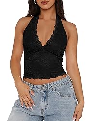 REORIA Womens Sexy V Neck Lace Halter Backless