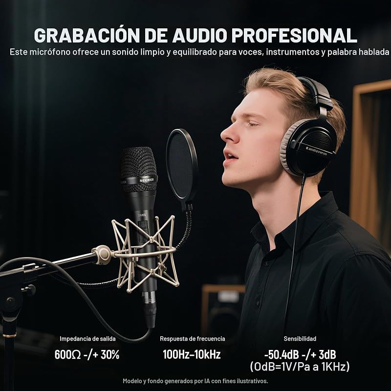 Microfone Cardioide Dinâmico DM01 com cabo XLR para Podcast Cantado, Jogos de PC, Jogos, Estúdio, Voz, Atuações ao Vivo, 600Ω +/- 30% de Impedância, Gama de Frequências de 100 Hz a 10 KHz