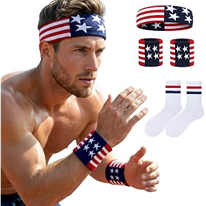 USA Striped Headband Wristband Set with Socks, American Flag Accessories for Men, Team USA Soccer Fan Red White and Blue Swea