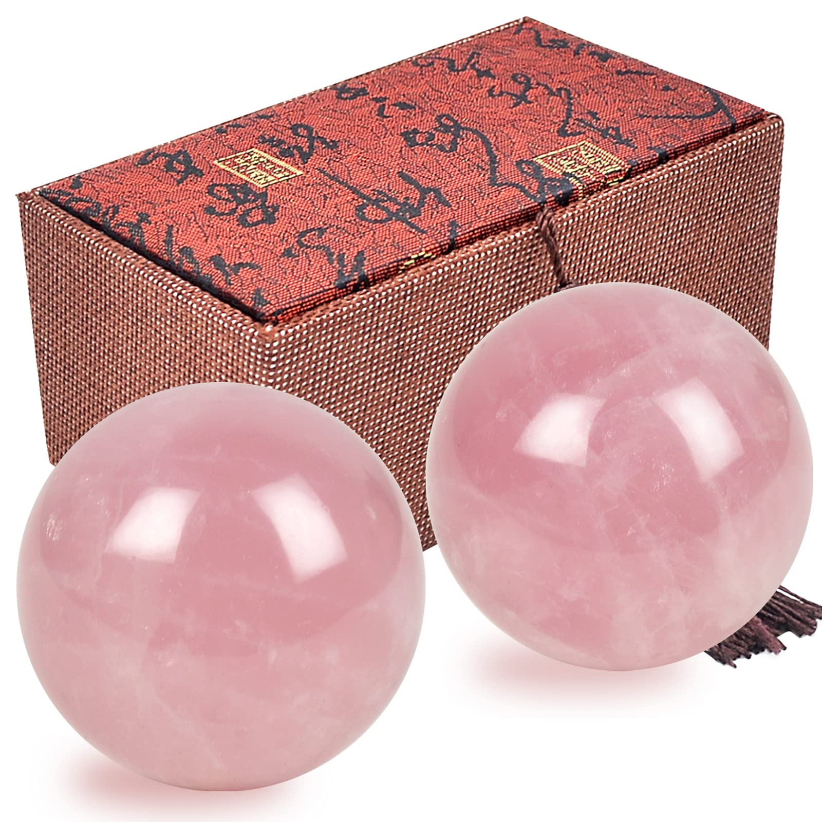2Pcs Rose Quartz Massage Balls 1.57in w Gift Box Hand Rolling Balls Exercise Fitness Ball Muscle Stretch Handball Acupoint Massagers Health Care Tool