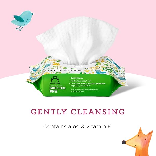 AMAZON BRAND – MAMA BEAR BABY HAND & FACE WIPES, UNSCENTED, FRAGRANCE FREE, CLEANSING, FORMULATED WITHOUT PARABENS AND PHTHALATES, 180 COUNT (9 PACKS OF 20)