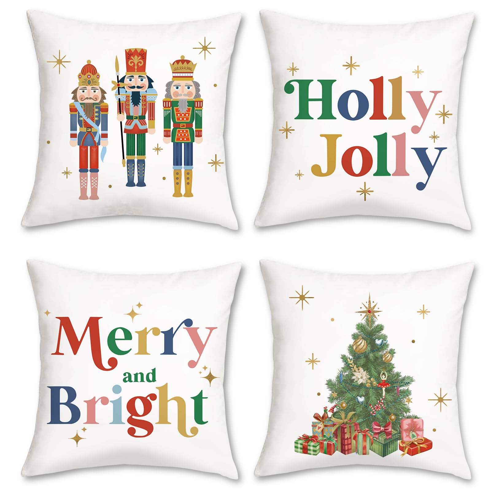 Bonhause Christmas Nutcracker Cushion Covers 45 x 45 cm Xmas Tree Merry & Bright Holly Jolly Decorative Throw Pillow Covers for Sofa Bed Home Winter Holiday Decor Set of 4