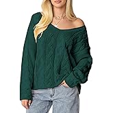 ZAFUL Womens V Neck Off The Shoulder Sweater Long Sleeve 2025 Oversized Cable Knit Casual Pullover Tops