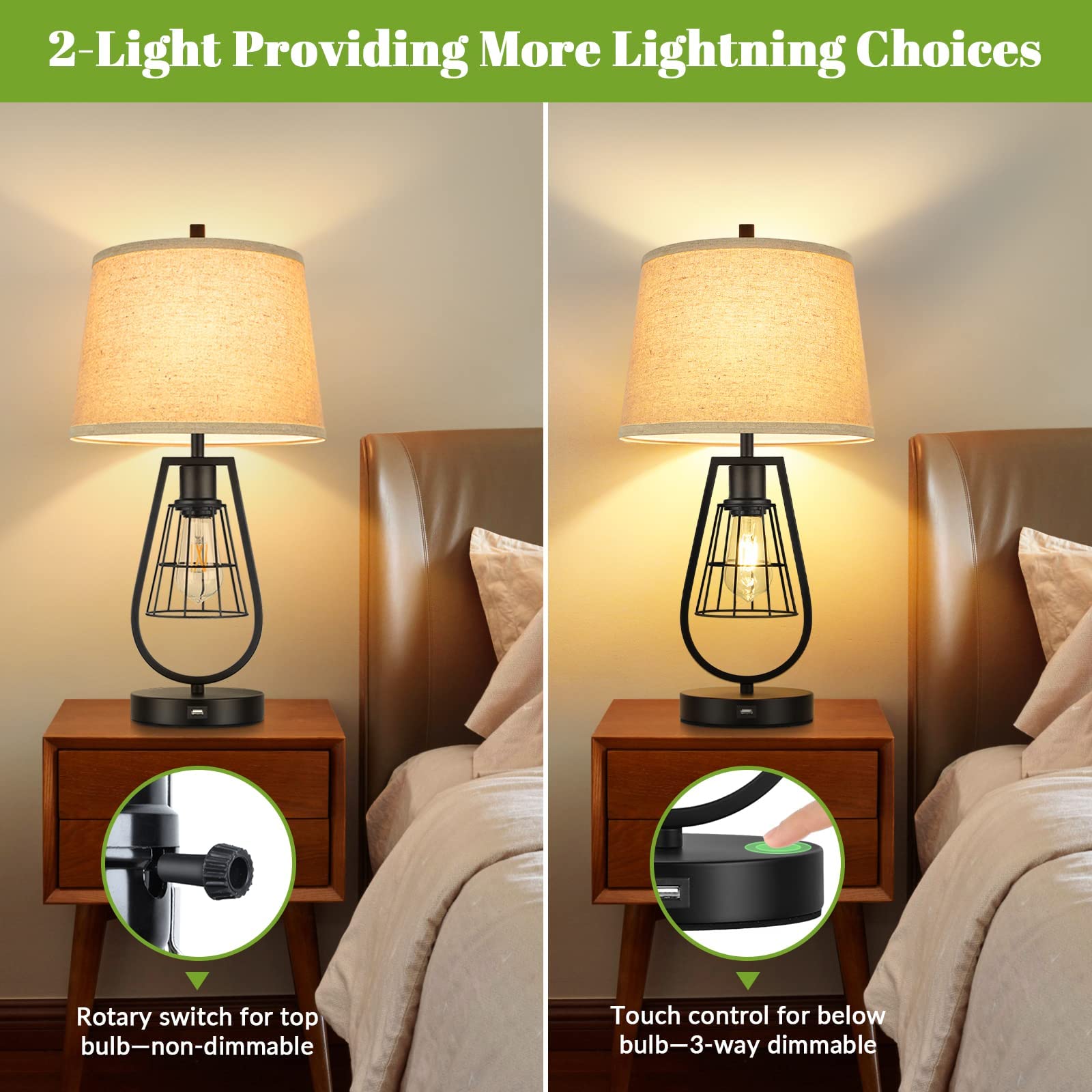 VerRon Industrial Touch Table Lamps with USB Port, 3-Way Dimmable Farmhouse Bedside Nightstand 2-Lights Lamps for Bedroom Living Room Reading, Cream Fabric, Black Metal Base, Bulbs Included