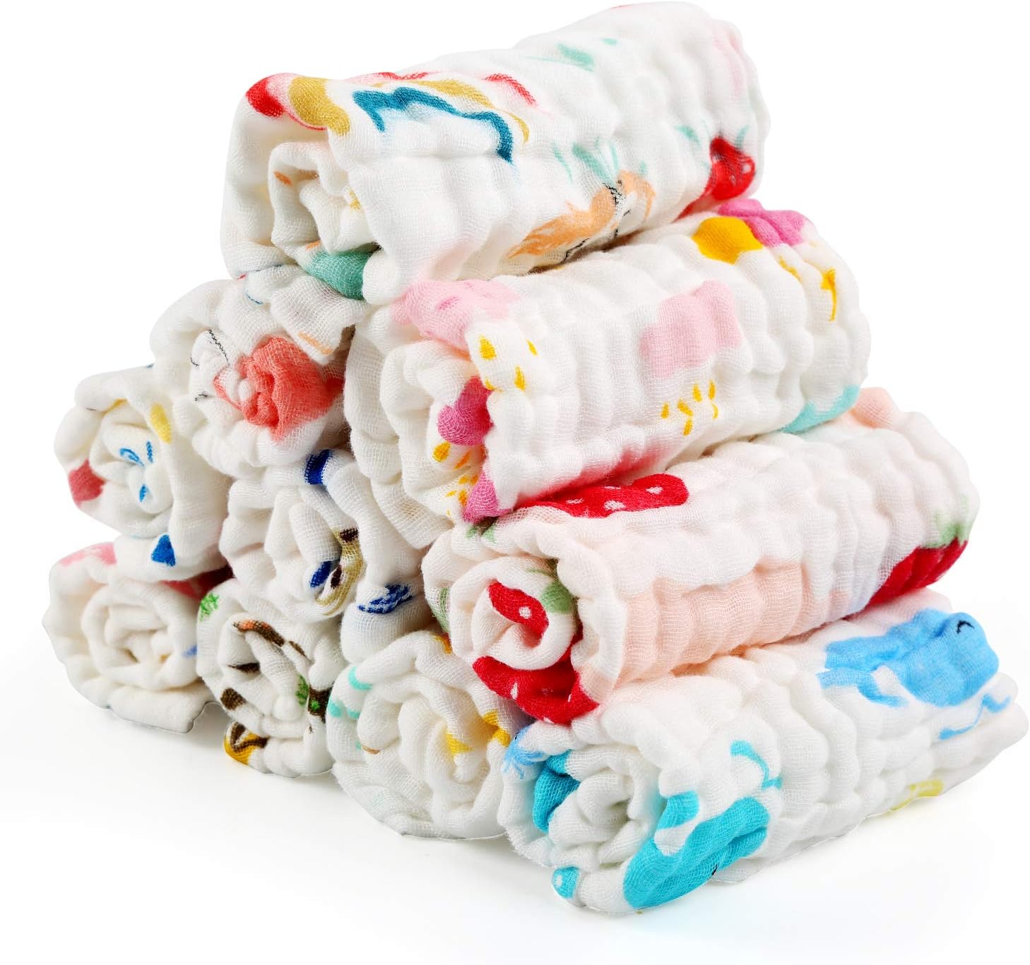 BelleStyle Muslin Washcloths Cotton Natural Baby Towels with Printed Design Soft Newborn Baby Face Towel for Sensitive Skin Baby 10Pcs