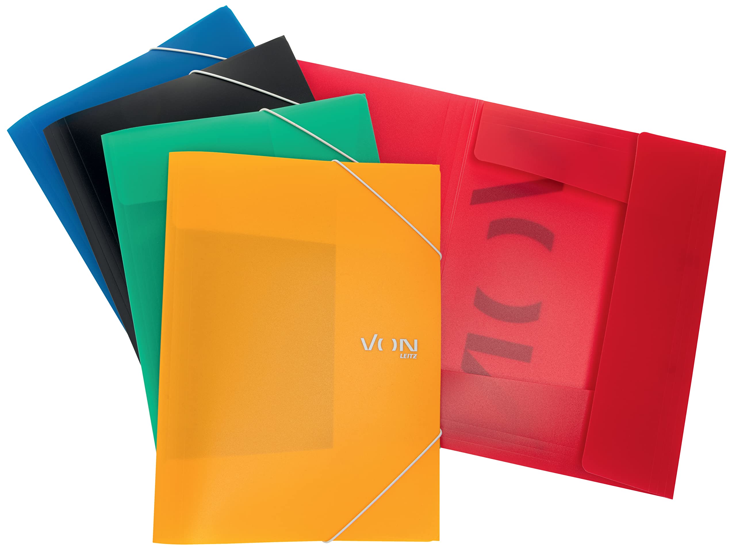 VON Leitz 30071099 Pack of 5 A4 Folder with Elastic Closure, PP Folder, for 150 Sheets, Silver Print, Lightweight Folder for School and Home, Multicoloured, Pack of 5