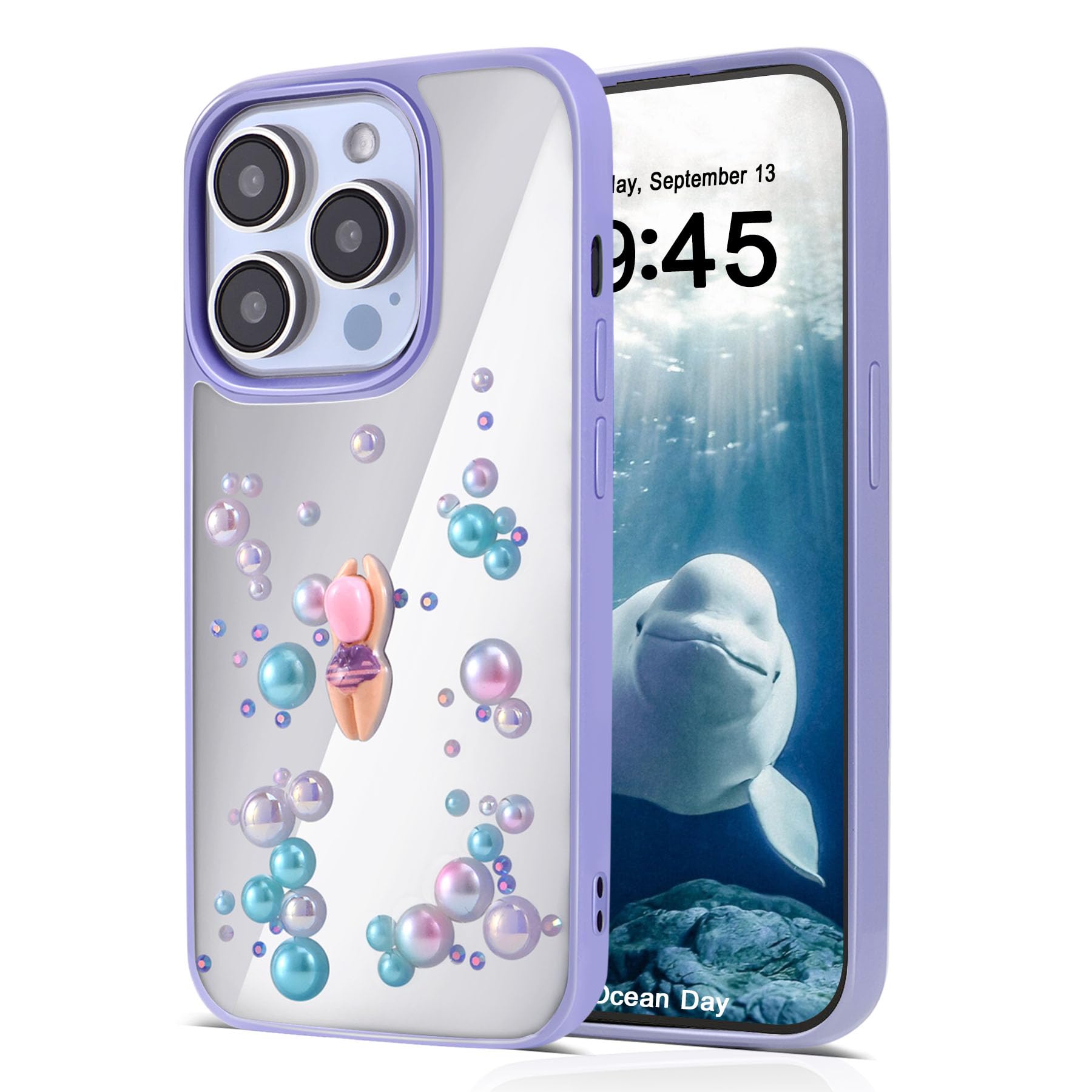 TzoMartico Case for iPhone 15 Pro Case 6.1 inch, Shockproof Hard Case Pearl Cute Case Clear - Purple + Colorful Blue