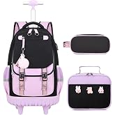 Bevalsa Rolling Backpack for Girls, 3PCS Roller School Backpack Set | with Lunch Box &amp; Pencil Case, Kids Bookbag with Wheels for Teen Girls Elementary Middle High School Students