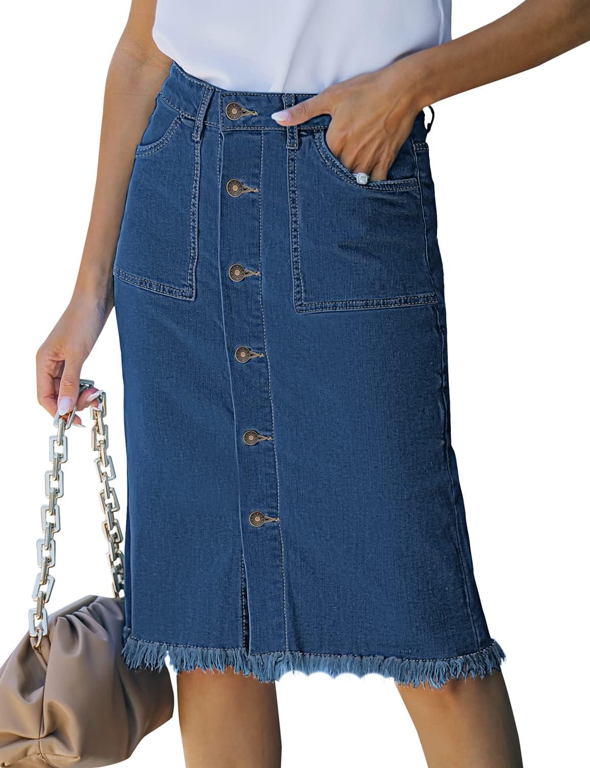 Photo 1 of (SMALL) luvamia Women's Casual Denim Midi Skirt Mid Rise Button Down Stretchy Denim Jean Skirt Jean Blue Size Small