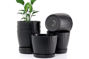 UOUZ 6'' Plant Pots Bulk, 6 Pack Plastic Planters with Drainage Holes and Saucers for Indoor Outdoor House Plants and Flowers, Black
