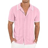 RQP Men's Casual Button Down Shirt Short Sleeve Vintage Clothes Knit Polo Shirts Summer Beach Shirts