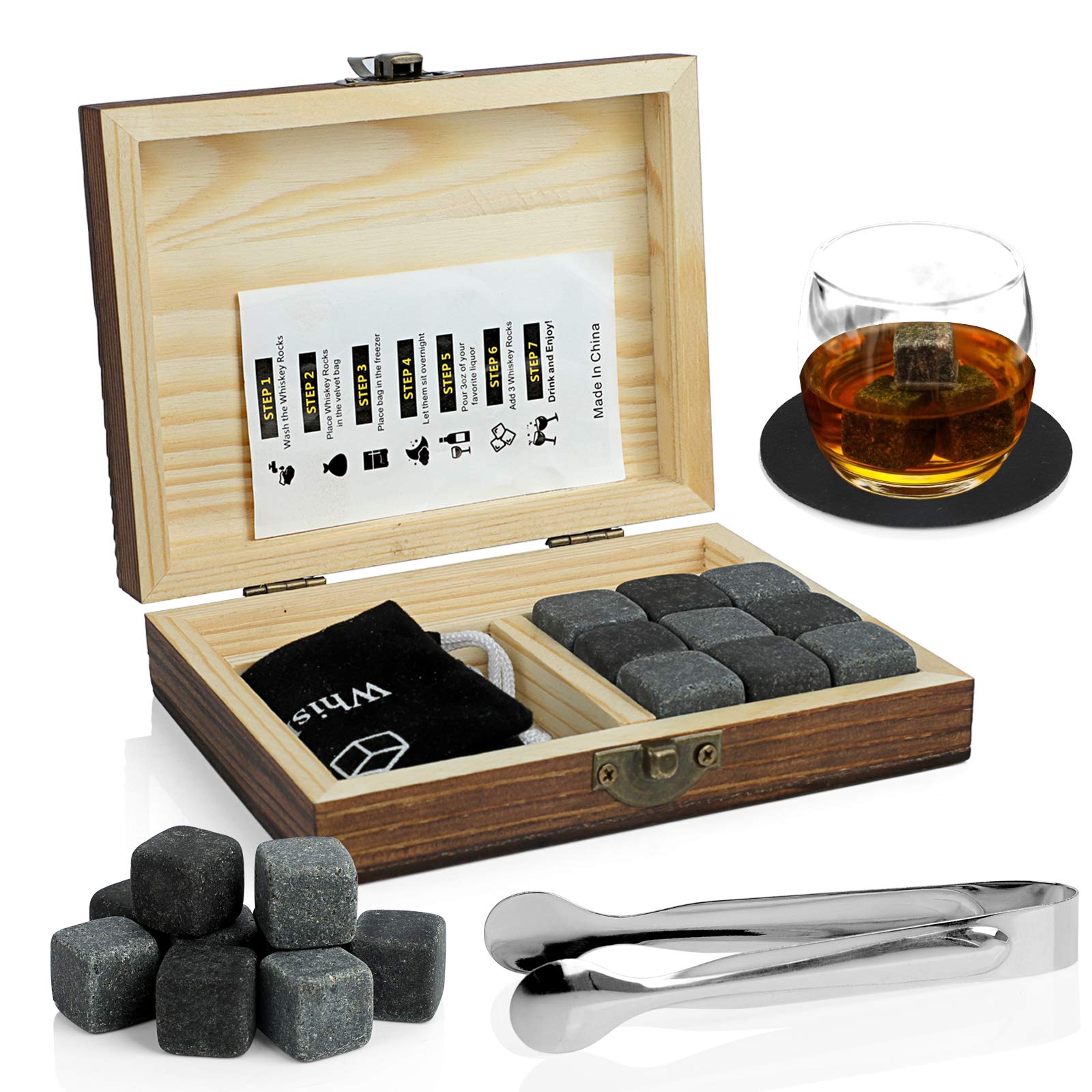 Whisky Stones Gift Set, WOVTE 9 Granite Chilling Whisky Rocks with 2 Coasters& Ice Tongs & Storage Pouch Packaged in Wooden Premium Box, Great Whisky Stone Ice Cubes Gifts Set for Men