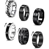 EIELO 6Pcs Stainless Steel Band Rings for Men Women Cool Fidget Spinning Chain Ring Anxiety Relief Fashion Simple Wedding Engagement Black Ring Set