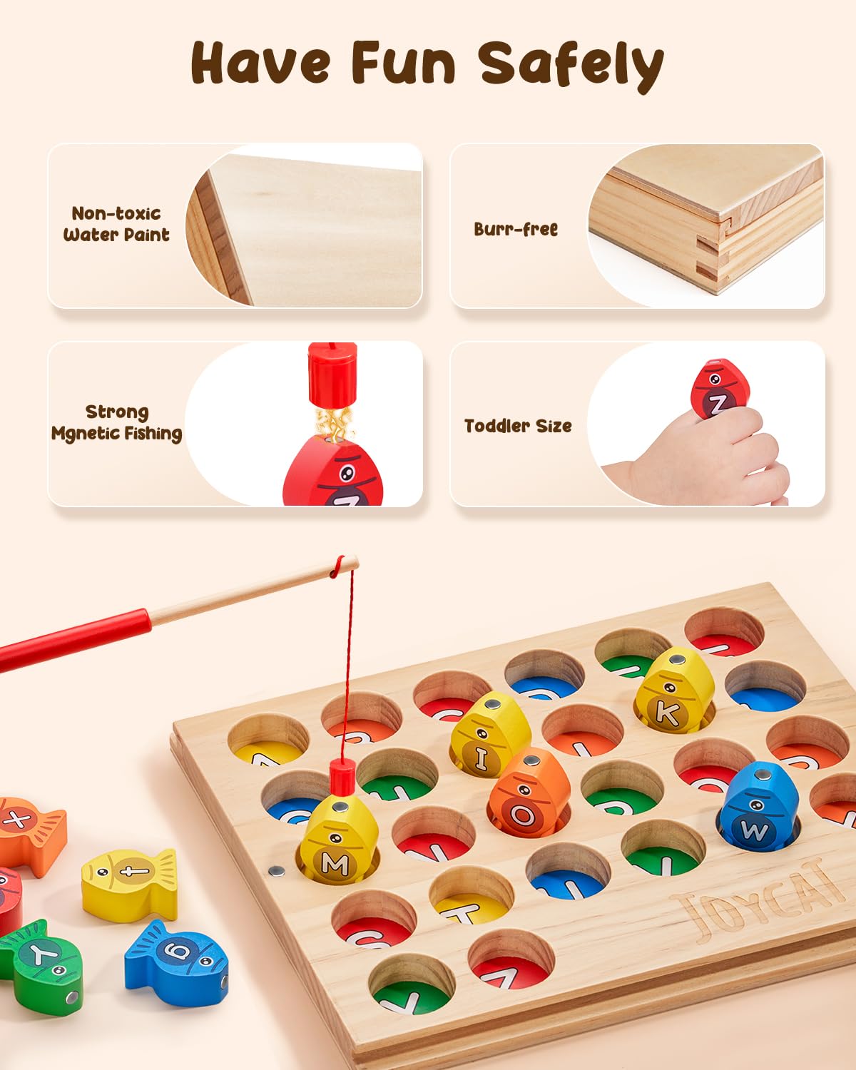 JoyCat Wooden Magnetic Fishing Game for Toddlers, Alphabet Educational Color Sorting Games Puzzle, Fine Motor Skills Toy with Letters, Preschool Learning ABC Toys Easter Gift for Kids 3 4 5 Years Old