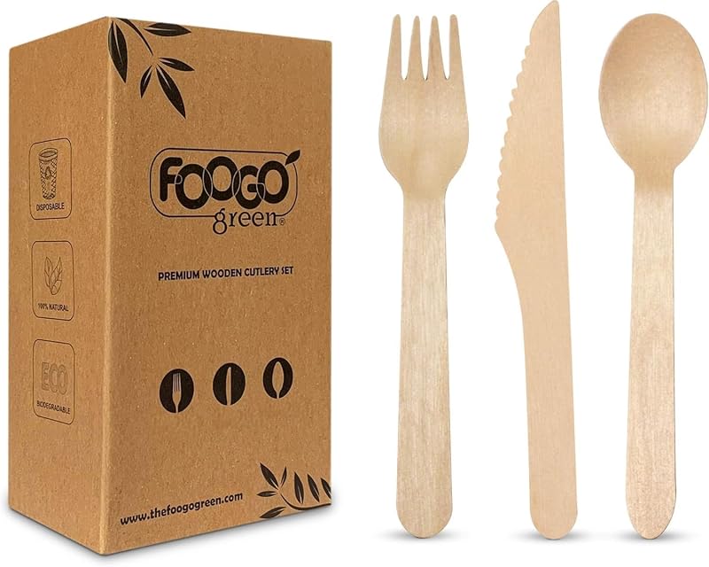 FOOGO Green Disposable Wooden Cutlery Set 150pcs Birch 16cm Eco Biodegradable