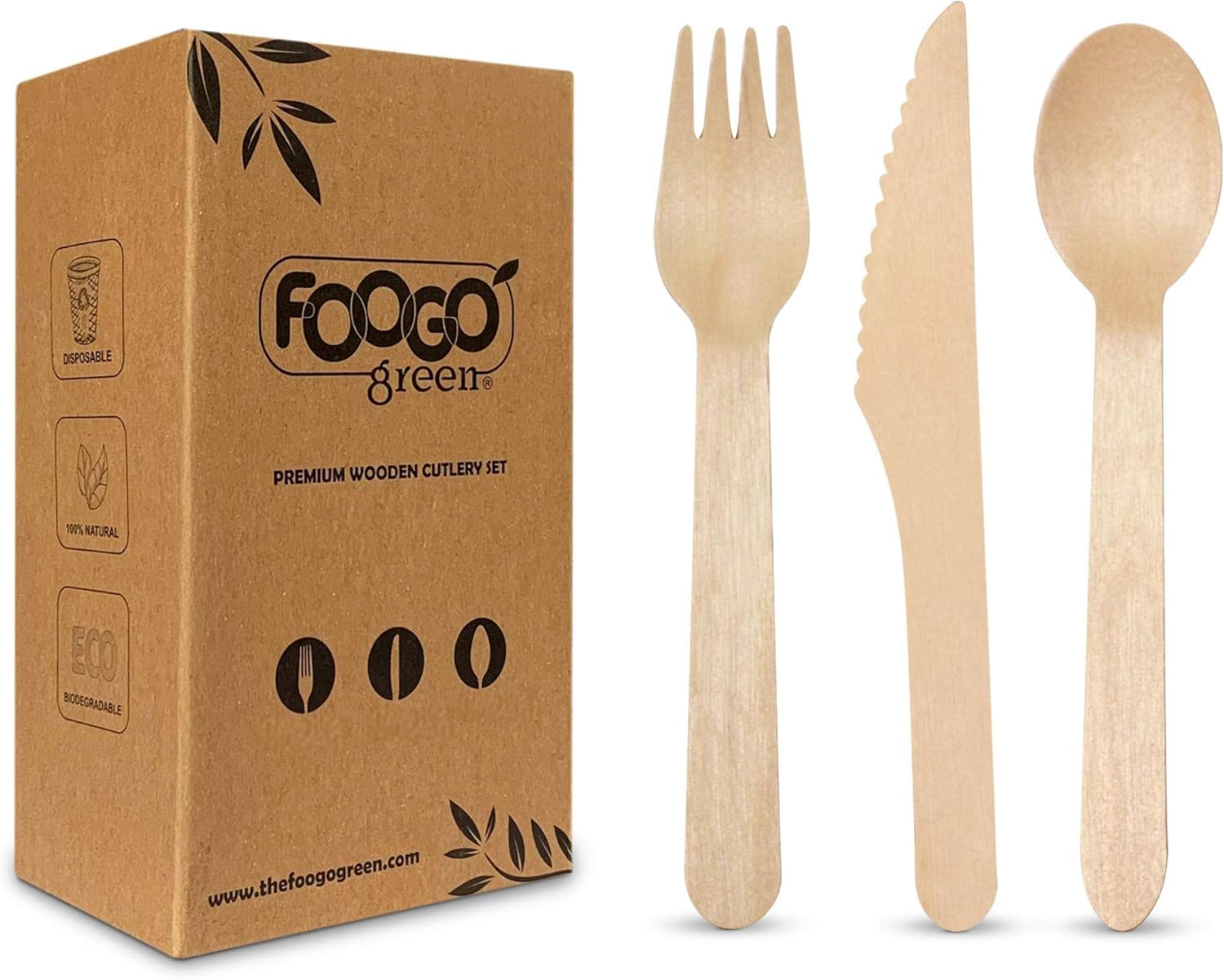 FOOGO Green 150pcs Disposable Wooden Cutlery Set, FSC® Certified, 50 x Forks 50 x Spoons 50 x Knives, 16cm, Biodegradable, Eco-Friendly, Compostable, Party Picnic, Like Bamboo