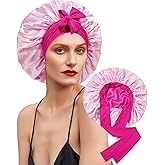 Satin Bonnet Silk Bonnet for Sleeping Silk Sleep Cap Double Layer Hair Bonnet with Elastic Tie Band for Curly Hair Night Cap (Rose red+Pink)