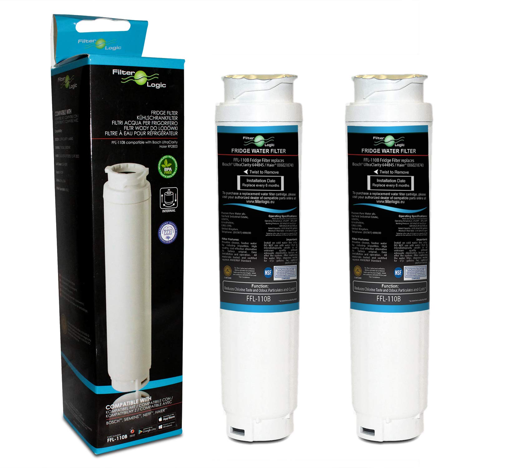 FilterLogic FFL-110B Fridge Water Filter Compatible with UltraClarity 00740560, 740560/644845 for BOSCH, SIEMENS, Neff, Gaggenau, Miele, HAIER 0060820860, RF-2800-13, SUPCO WF299 (2 Pack)