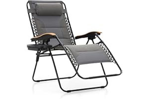 MFSTUDIO Zero Gravity Chairs, Oversized Patio Recliner Chair, Padded Folding Lawn Chair with Cup Holder Tray, Support 400lbs, Light Grey