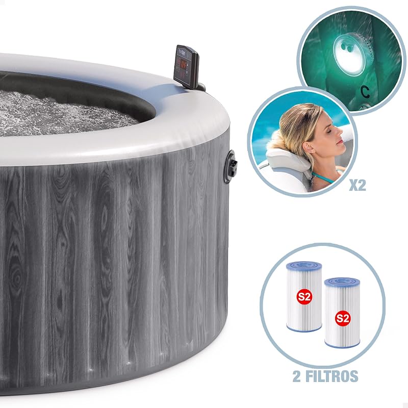SPA Hinchable Circular Greywood Deluxe, 6 Personas, Ø216x71, Calentador, 170 Salidas Aire, Panel Control inalámbrico App, Depuradora Filtro S2, Accesorios incluidos (55101)