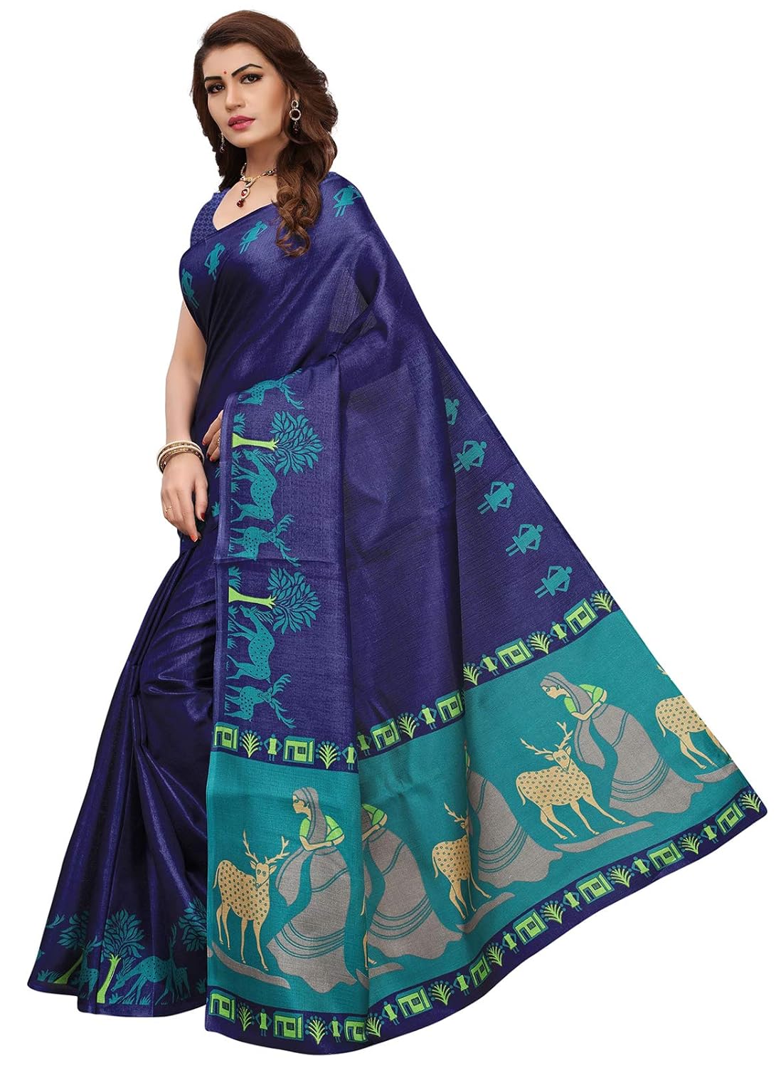 ishin women's polysilk navy blue printed saree/sari with blouse piece