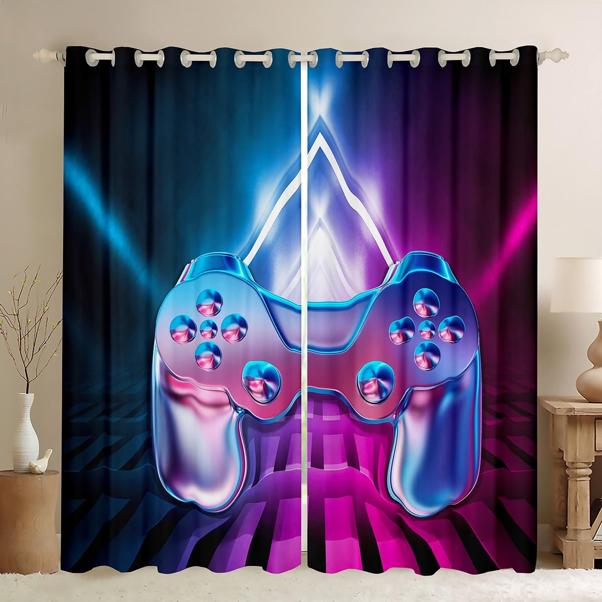 Games Curtains Blue Red Gradient Gamepad Curtain for Bedroom Living Room Kids Boys Video Game Gamepad Windows Drapes Cool Game Controller Room,W46*L54