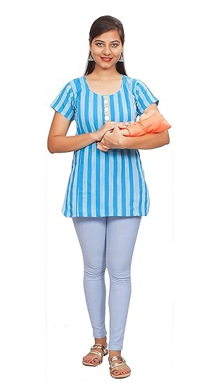 Women's Cotton Straight Maternity/Nursing/Easy Feeding/Breastfeeding/Tops with Zippers for PRE and Post Pregnancy_H0030_Sky and Light Blue