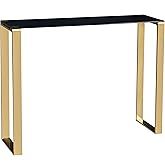 Cortesi Home Remini Narrow Contemporary Glass Console Table in Polished Gold Finish, Black Glass