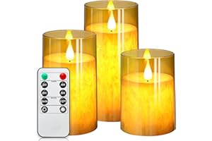 NURADA Flickering Flameless Candles: LED Warm 3D Wick Light Pillar Candle Acrylic Battery Operated Candles with Remote and Timer Real Wax Christmas Home Table Decor, Gold, D 3" H 4" 5" 6"