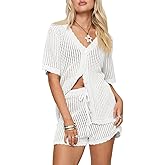 Saodimallsu Womens Crochet Swimsuit Coverup Sets Short Sleeve V Neck Button Tops Drawstring Shorts 2 Piece Beach Outfits