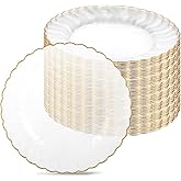 MAQUITA 50 Pcs Plastic Plates with Trim 6'' Small Round Disposable Vintage Dessert Plates for Party Birthday Buffet Wedding Catering Celebration Reception