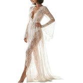 Hosrnovo 70" Sexy Lace Robe Extra Ivory White Long Floor Length Bridal | Sweeping Dramatic Wedding Morning Getting Ready Robe for Bride No Ankle Gap Guarantee