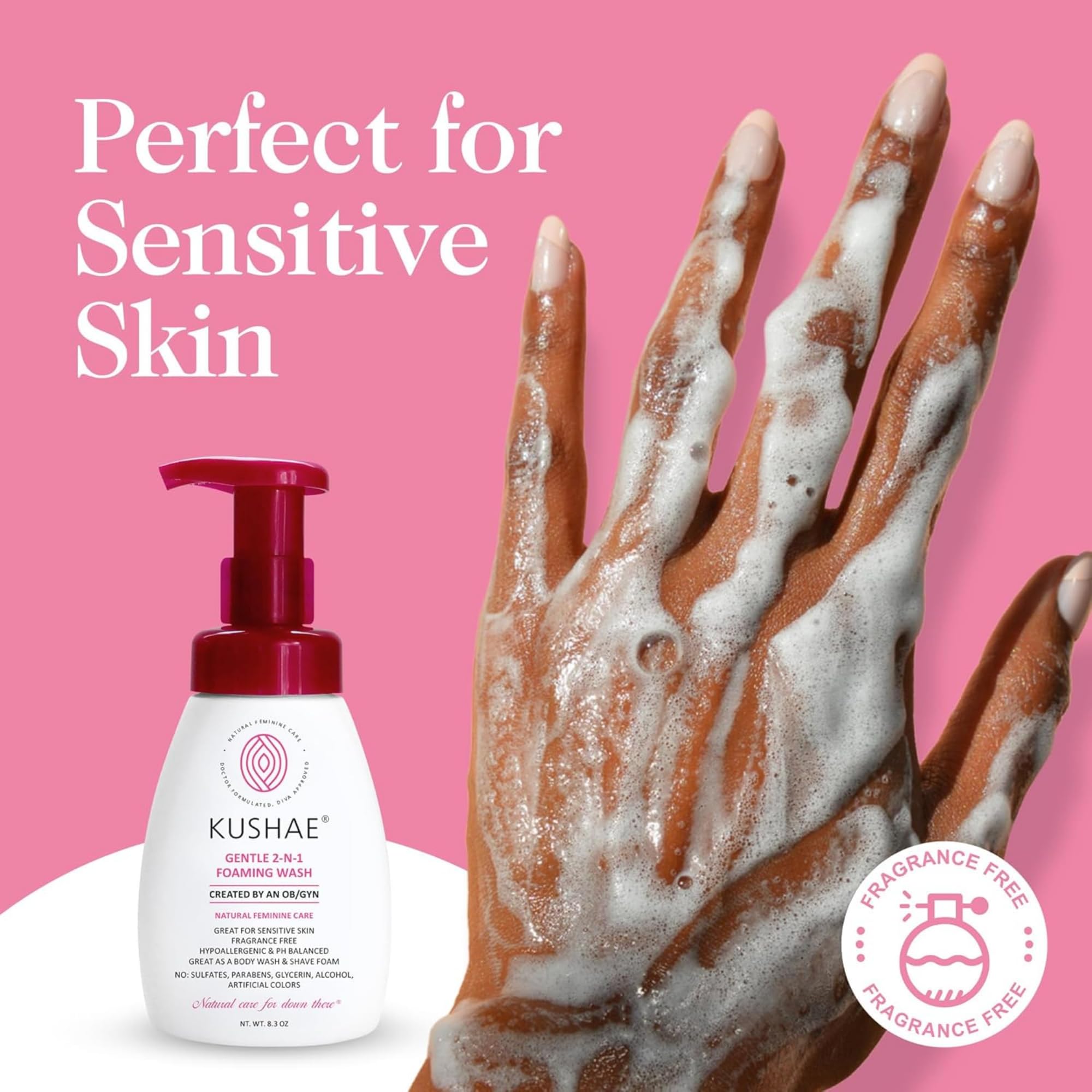 Kushae Gentle 2-in-1 Foaming Wash, pH Balance Feminine Wash for Optimal Hygiene, Refreshing & Soothing Feminine Wash for Sensitive Skin, Fragrance-Free Intimate Wash for Daily Use, 8.3 oz