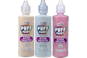 Tulip Puff Fabric Paint, Permanent Craft Paint for Clothes, DIY Projects, Notoxic, 4 fl oz 3-Pack, Festive Glitter Variety Pack - Gold, Silver, Red