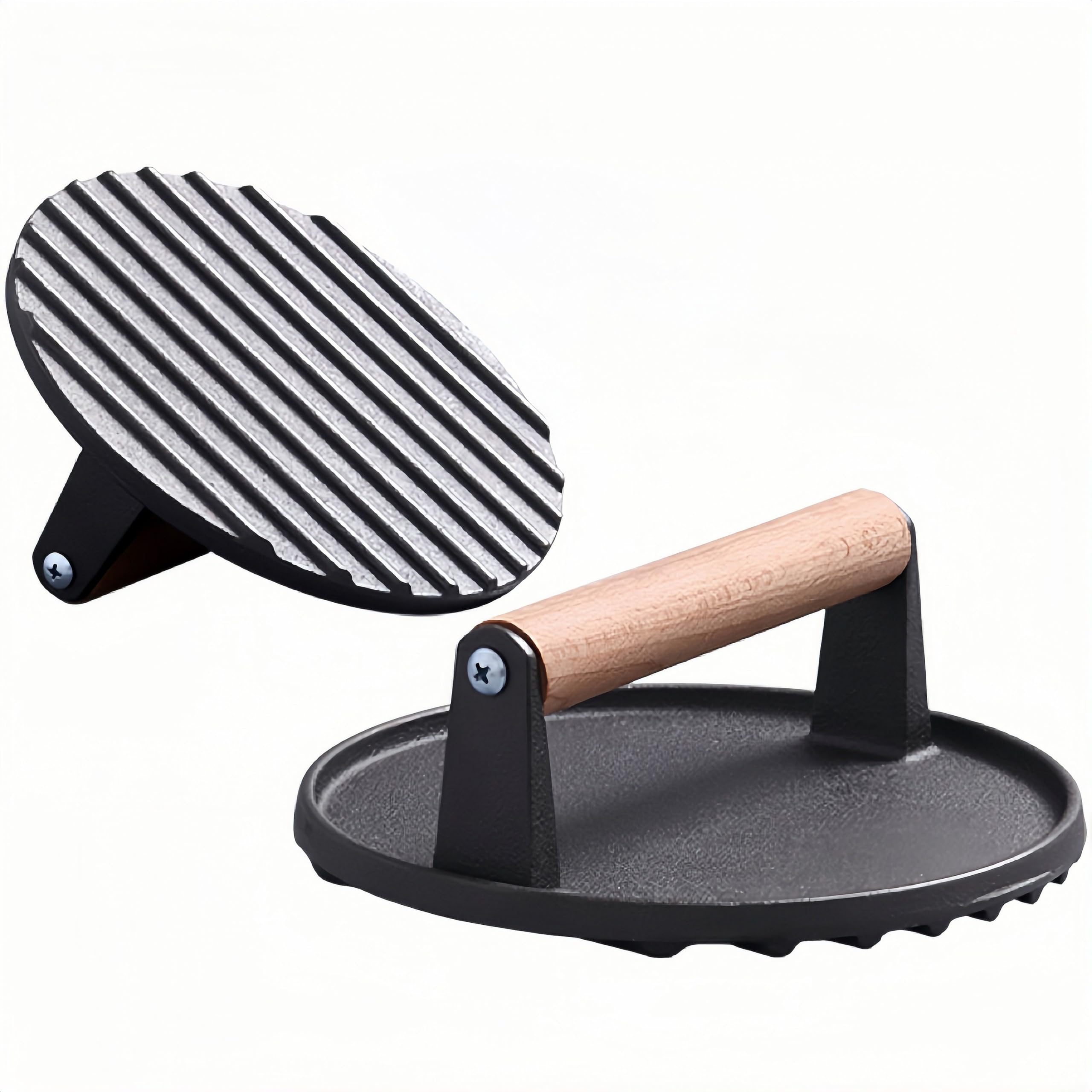 Burger Meat Bacon Press, Heavy Duty Cast lron Non-Stick - Heavy Duty Hamburger Press w/Heat Resistant Handle, Pre Seasoned Sandwich & Grill Press -Quesadillas, Hamburgers & Steaks