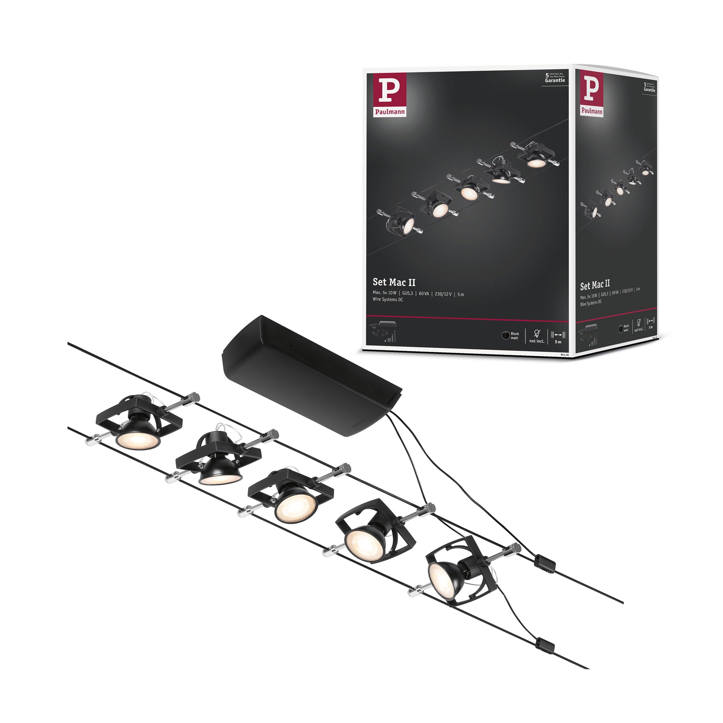 Paulmann 94434 CorDuo Cable Lighting System – Mac II DC Extendable Ceiling Light Metal Wire System for GU5.3 LED Lamps - Suitable for Max 5 x 10 Watt Bulbs, Comes Without Bulbs - Matt Black Chrome