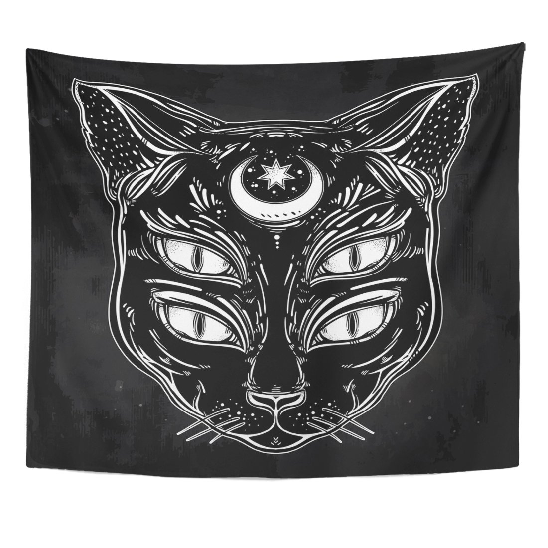 Emvency Tapestry Black Cat Head Portrait Moon and Four Eyes Eyed Home Decor Wall Hanging for Living Room Bedroom Dorm 50x60 inches