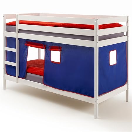 IDIMEX Etagenbett Hochbett Stockbett Doppelstockbett Felix, Kiefer massiv weiß lackiert, inkl. Vorhang blau/rot