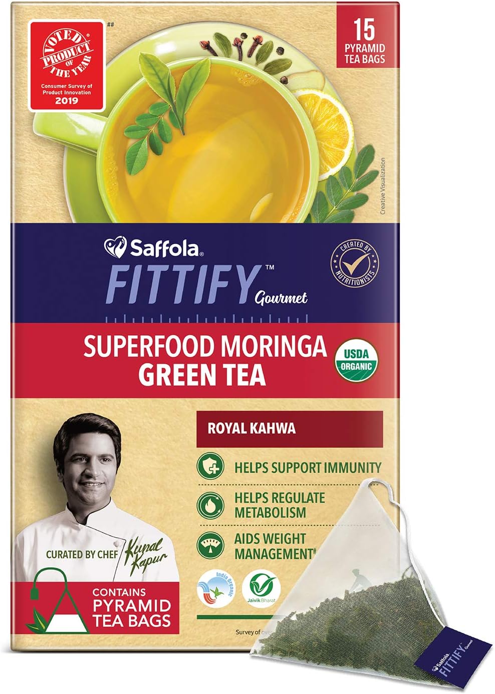 Saffola FITTIFY Gourmet Superfood Moringa Green Tea, Royal Kahwa, 15 Sachets, 37.5g
