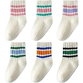 Wamvp Toddler Grip Socks with Non-Slip, Unisex Baby Retro Stripe Seamless Crew Ankle Cotton Socks for Girls Boys 6 Pairs