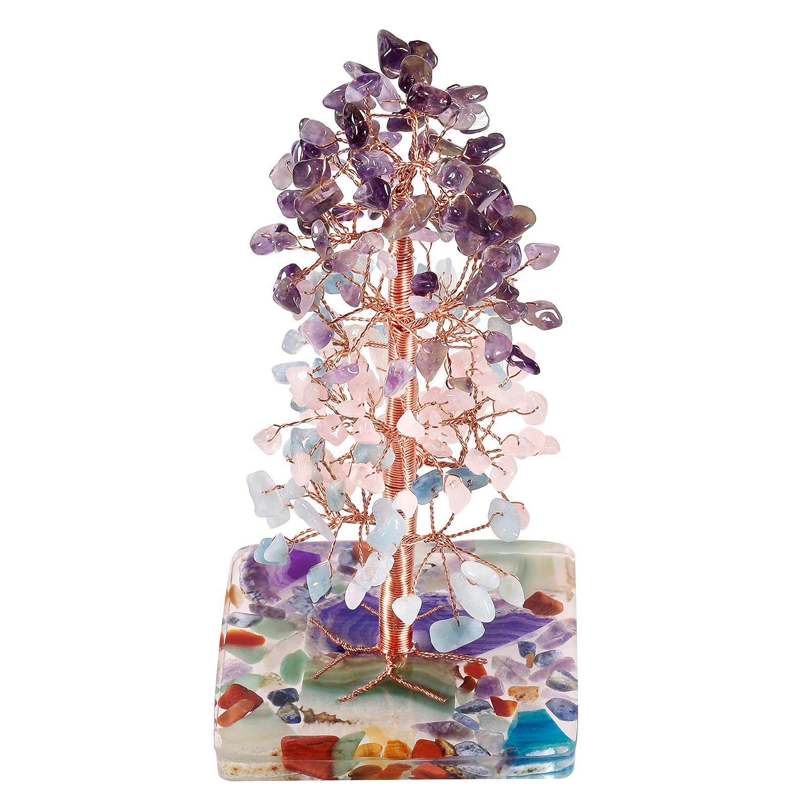Mookaitedecor Natural Amethyst Rose Quartz Aquamarine Crystal Tree with Agate Crystals Base, Feng Shui Ornament Gift Reiki Healing Tree of Life Good Luck Room Decor