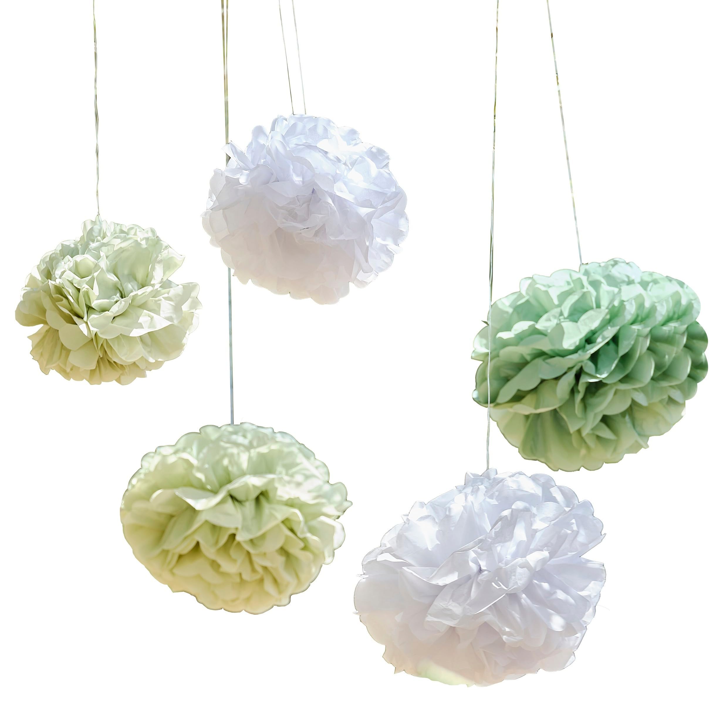 Ginger Ray White and Green Eco-Friendly Tissue Paper Pom Pom Hanging Baby Shower Decorations Pack of 5