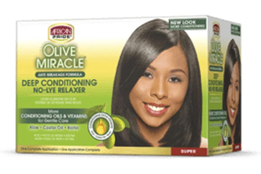 African Pride Olive Miracle Deep Conditioning No-Lye Relaxer Super – Contains Aloe Vera, Castor Oil & Biotin to Condition, Moisturize & Protect Hair, 1 Kit