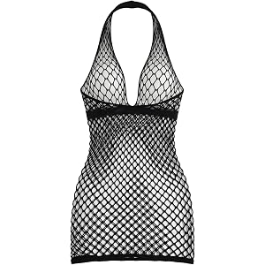 OYOANGLE Women's Fishnet Halter Lingerie Dress Mesh Sleeveless V Neck Backless Babydoll Nightgowns